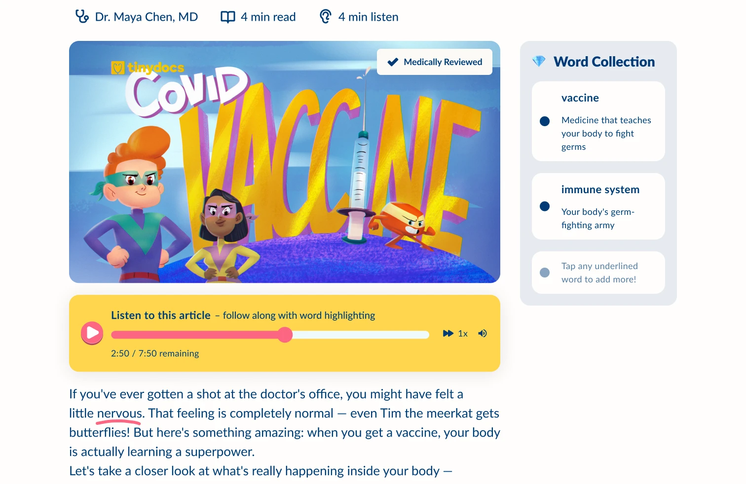 Expert-reviewed article screen in the Tiny Docs app
