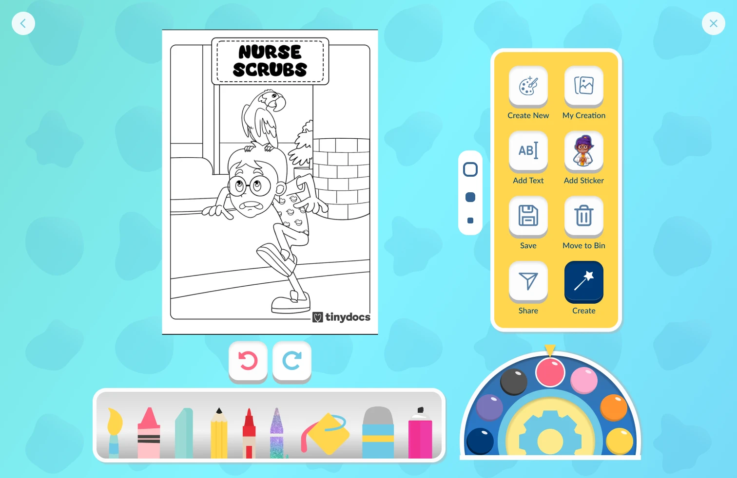 Screenshot of the Tiny Docs app showing an interactive coloring activity