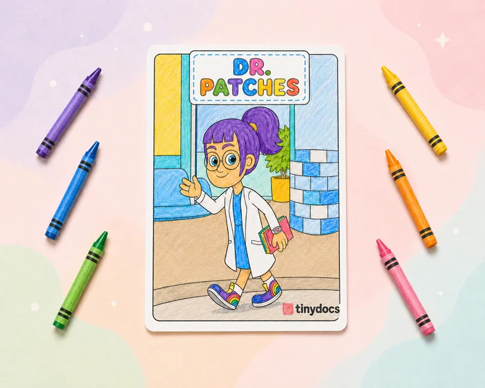 Printable Dr. Patches coloring sheet activity for kids preparing for tonsillectomy