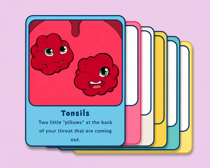 Tonsillectomy vocabulary flash cards explaining tonsils in kid-friendly language